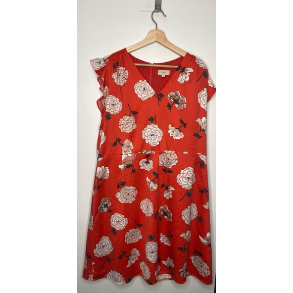 LOFT Dresses & Skirts - LOFT Womens Orange White Floral Flutter Sleeve Dress Lightweight Lined Size XL